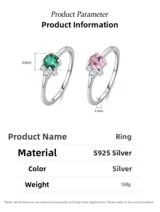 Detailed S925 silver ring specifications with emerald and pink zircon dimensions