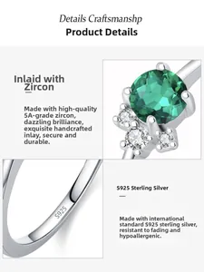 Close-up of S925 sterling silver stamp and 5A emerald-cut green zircon on the ring