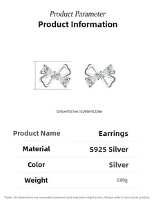 Detailed specs of S925 sterling silver bow earrings with crystals and size info