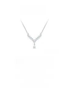 Detail showing V-shape S925 sterling silver necklace with pear-cut sparkling cubic zirconia