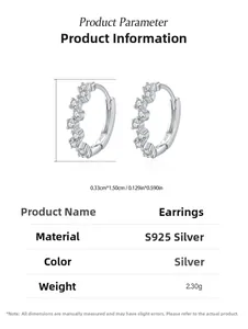Macro detail of S925 silver hoop earrings with cubic zirconia, size 0.33cm by 1.50cm