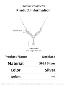 Detailed specs of S925 sterling silver V-shape pendant necklace with pear-cut cubic zirconia