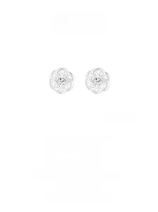 Macro view of S925 sterling silver hollow flower earrings with sparkling cubic zirconia