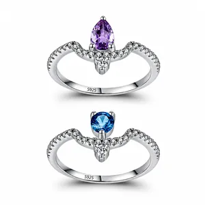 Anello in Argento Sterling 925 con Zirconia per Donna Pietra Viola Pera Blu Tonda Onda a V Anello da Dito Gioielli di Moda