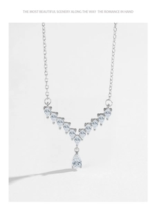 Macro detail of V-shaped S925 sterling silver necklace featuring 14 pear-cut sparkling stones