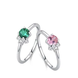 925 Sterling Silver Zirconia Ring For Women Simple Fashion Round Emerald Pink Stone Jewelry Light Luxury Wedding Banquet