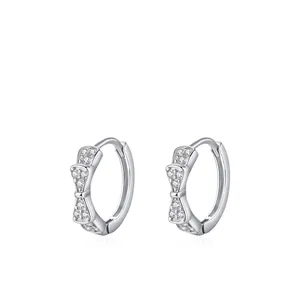 925 Sterling Silver Bowknot Hoop Earrings Zirconia Inlaid Sweet Style Ribbon Bow Earrings For Women Minimalist Jewelry Gift