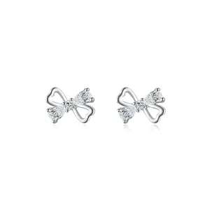 S925 Sterling Silver Bow Knot Hollow Heart Stud Earrings Sweet Minimalist Zirconia Inlaid Fashion Jewelry For Women Dating Gift