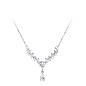 Elegant S925 Sterling Silver V-Shaped Water Drop Pendant Necklace For Women Shining Zirconia Clavicle Chain Jewelry Gift