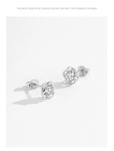 Detailed view of S925 sterling silver flower earrings with sparkling zircon center stones