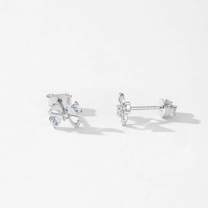 S925 sterling silver bowknot stud earrings with heart-shaped sparkling zircon stones