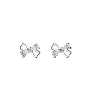 Elegant S925 sterling silver bow knot stud earrings with hollow heart and zircon stones