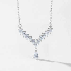 Elegant S925 sterling silver V-shape necklace with pear-cut sparkling zircon pendants