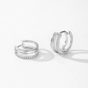 Double-layer S925 silver Mobius hoop earrings with shimmering crystals and mother of pearl
