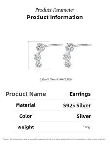 Macro detail of S925 sterling silver earrings with three round cubic zirconia stones
