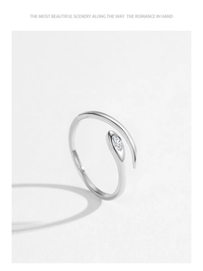 Macro shot of 925 sterling silver snake ring with marquise-cut marquise-cut cubic zirconia