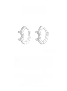 Close-up of S925 sterling silver crescent hoop earrings with sparkling zircon stones