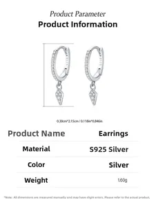 Detailed S925 sterling silver hoop earrings with rhombic pendant and zircon inlay