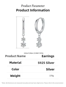 Technical specifications of S925 silver hoop earrings with round cubic zirconia drops