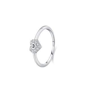 S925 sterling silver hollow heart ring with pave-set zircon stones on white background