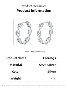 Paramètres détaillés des boucles d'oreilles en argent S925 avec zircons blancs et chaîne