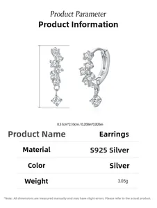 Detailed specs of S925 sterling silver hoop earrings with sparkling zircon dangles