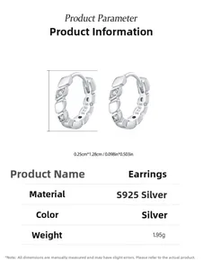 Detail view of 925 sterling silver hoop earrings with diamond accents and size dimensions
