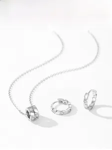 Detailed view of S925 sterling silver geometric pendant necklace and matching hoop earrings