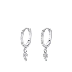 925 Sterling Silver Geometric Rhombus Pendant Huggie Earrings For Women Sparkling Zirconia Minimalist Hoop Jewelry Gift