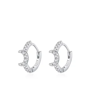 925 Sterling Silver Crescent Moon Star Huggie Hoop Earrings For Women Sparkling Zirconia Inlaid Elegant Jewelry Gift