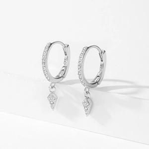 S925 Sterling Silver Geometric Rhombus Hoop Earrings with Pavé Zirconia Accents