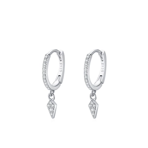 S925 sterling silver huggie earrings with geometric pavé diamond rhombus pendants