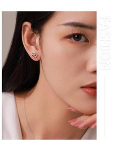 Detailed close-up of a S925 sterling silver hollow heart stud earring with pavé zircon stones