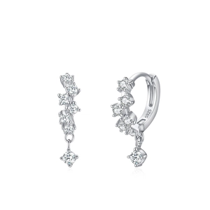 S925 sterling silver hoop earrings with shimmering white zircon stones on white background