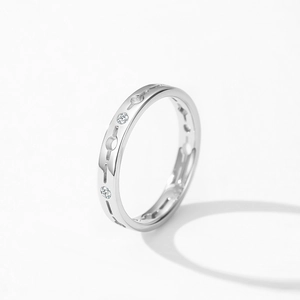 S925 sterling silver geometric hollow ring with diamonds in 45-degree side view