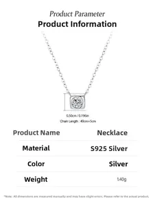 Vue détaillée du collier en argent S925 avec pendentif carré et zircon scintillant