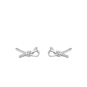 925 Sterling Silver Bow Knot Stud Earrings For Women Minimalist Zirconia Inlaid Ribbon Design Elegant Fashion Jewelry Gift