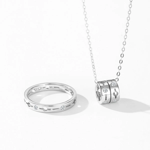 925 Sterling Silver jewelry set featuring a zircon ring and cylindrical pendant necklace
