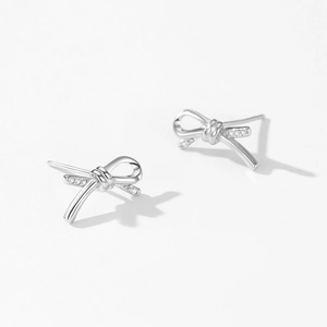 S925 sterling silver mini bow knot stud earrings with delicate zircon embellishments