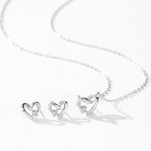 925 sterling silver heart necklace and earrings set with brilliant diamond accents