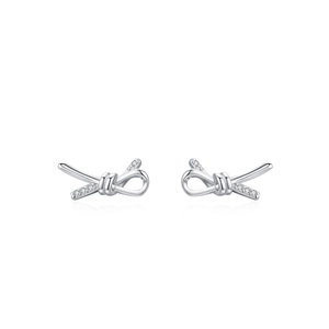 Polished S925 sterling silver bow knot stud earrings with delicate sparkling zircon stones