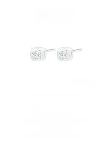 Detail of minimalist S925 sterling silver cube stud earring with clear zircon inlay