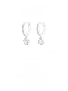 Detailed view of S925 sterling silver hoop earrings with pink cubic zirconia flower
