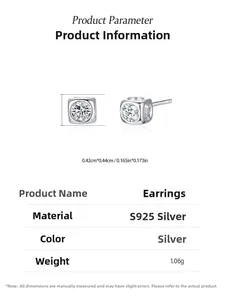 Macro detail of S925 sterling silver square stud earrings with 0.42x0.44cm size specs