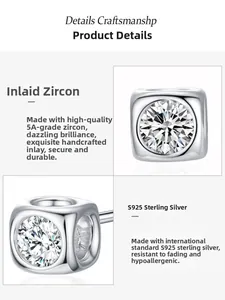 Detailed view of square S925 sterling silver studs with premium 5A zircon inlay