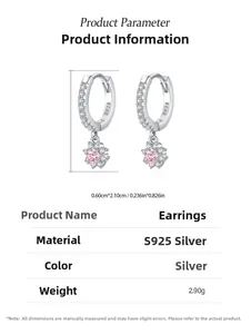 Detail view of 925 sterling silver flower earrings with pink zircons and product dimensions