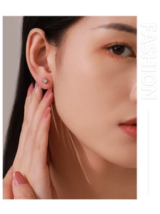 Close-up of minimalist square-cut zircon stud earrings in S925 sterling silver on ear
