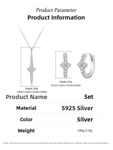 Detail shot of S925 sterling silver star jewelry set with zircon stones and dimensions