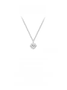 Detail showing simple petal-shaped pendant with sparkling round cut stone on silver chain