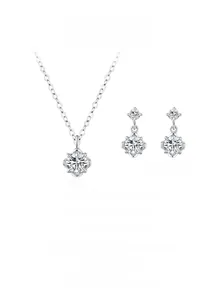 Detail of 925 sterling silver flower necklace and earrings set with sparkling crystals